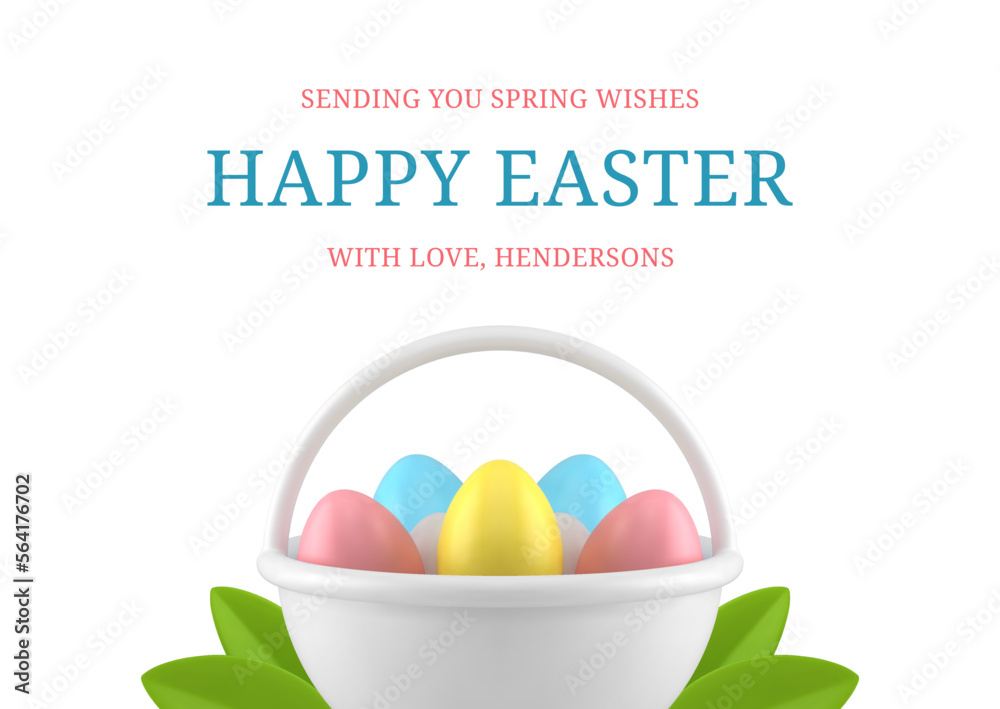 Happy Easter eggs basket spring green leaves 3d greeting card design template realistic vector