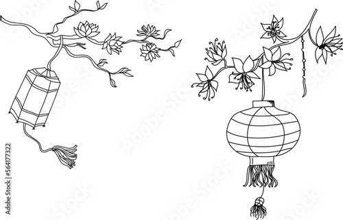 Chinese lantern with peach plant and cherry blossom vector.Gold chinese lantern on red background.