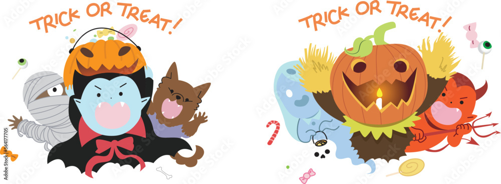 Fototapeta premium Halloween trick or treat. Group of monsters kids asking for candies. Mummy, vampire, werewolf, ghost, pumpkin and devil.