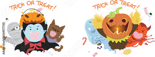 Halloween trick or treat. Group of monsters kids asking for candies. Mummy  vampire  werewolf  ghost  pumpkin and devil.