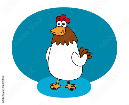 Illustration of a white farm hen with blue rounded background 