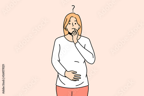 Frustrated young pregnant woman touch belly feeling doubtful thinking. Confused female feel questionable and unsure about pregnancy. Vector illustration. 