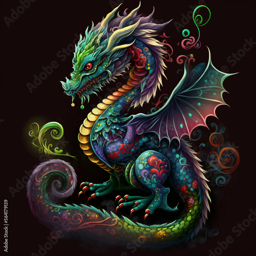 Colorful, cute, magic fantasy chineese dragon illustration