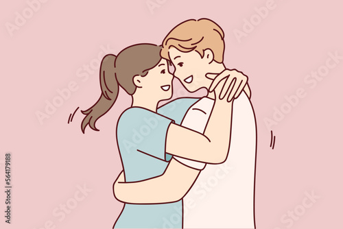 Man and woman in love embrace after long separation, rejoicing at long-awaited meeting. Young couple of guy and girl cling to each other rejoicing at start of date. Flat vector illustration