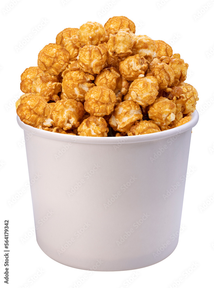 Caramel Popcorn on paper bucket isolated on white background, Mushroom Popcorn on white PNG File. Caramel Popcorn on paper bucket isolated on white background, Mushroom Popcorn on white PNG File.