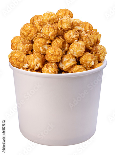 Caramel Popcorn on paper bucket isolated on white background, Mushroom Popcorn on white PNG File.