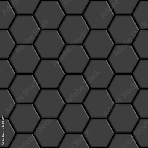 Dark grey glossy ceramic hexagon tiles seamless pattern. Modern home interior, bathroom and kitchen wall texture. Vector black shiny metal embossed hexagon wall background.