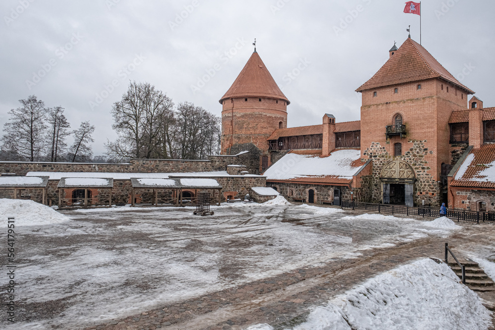 Vew of the inner yard of Trakai Castle with the Ducal Palace, built on Galve Lake island, town of Trakai, near Vilnius, Lithuania