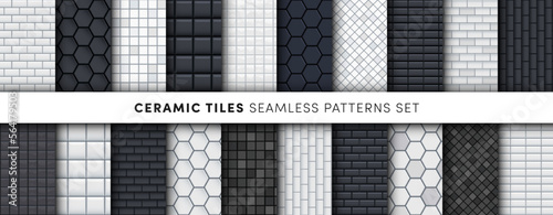 Black and white glossy ceramic tiles seamless patterns set. Modern home interior, bathroom and kitchen wall texture. Vector hexagon, square, brick and rhombus shiny tile wall backgrounds collection.