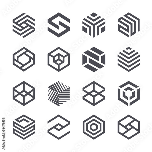 Set of vector logo design template. Black monogram. Hexagon icons.