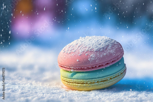 illustration of close up pastel color macaroon with snow fall on snow ground with bokeh light background
