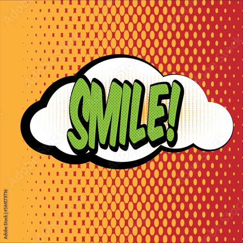 Smile comic book speech bubble, loud explosion sound effect. Superhero. Halftone