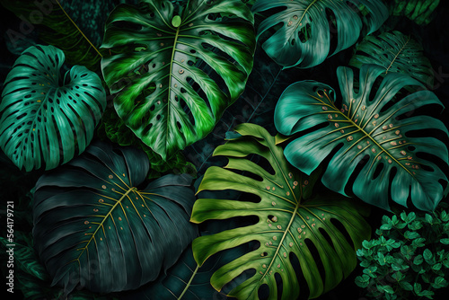 tropical leaves top view. Generative AI © Shades3d