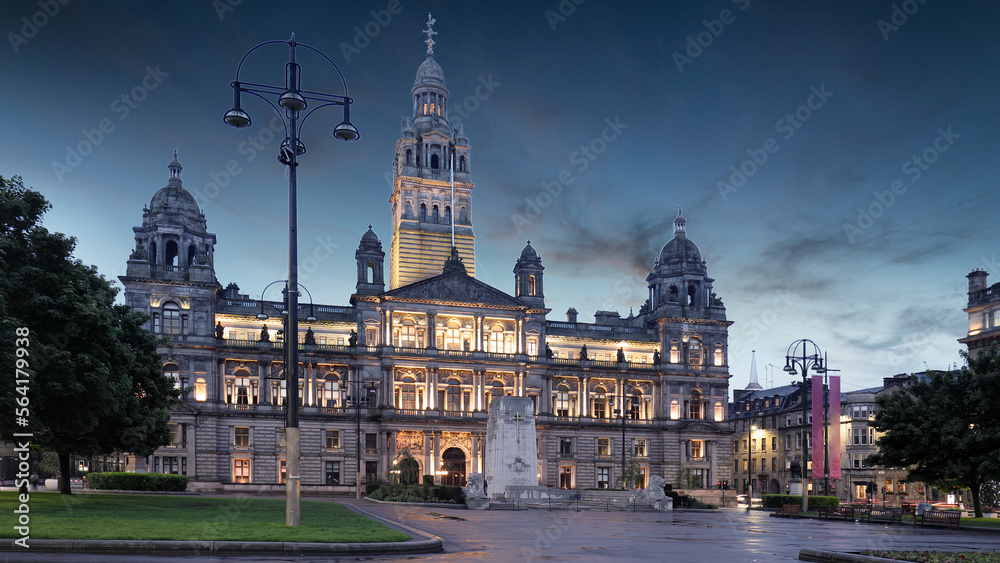 Glasgow City Chambers and George Square at night, Scotland - UK