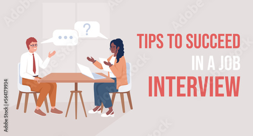 Tips to succeed in job interview flat vector banner template. Communication with HR recruiter poster, leaflet printable color designs. Editable flyer page with text space. Bebas Neue font used