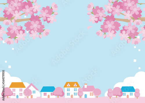 フレーム　春　街並み　家　さくら　桜　風景　背景　イラスト素材　水色