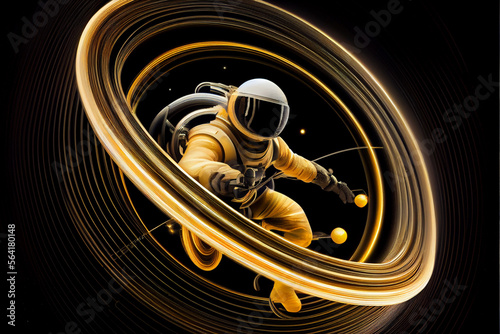 An astronaut riding the rings of Saturn, clear details cinematic composition, backdrop of space atmospheric lighting centralised composition Symmetrical balance