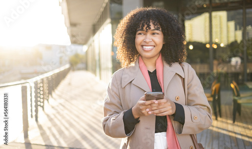 Photography City, phone and walking black woman travel to work, corporate job or relax commute journey in urban New York
