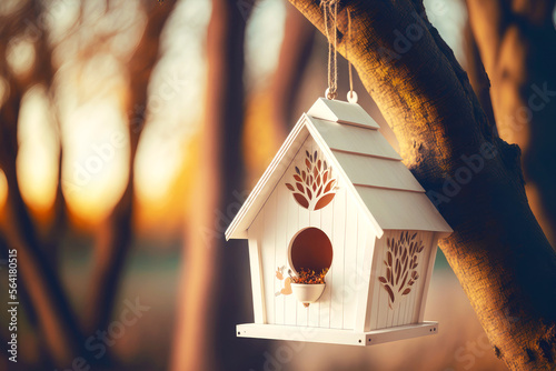 Print op canvas white wooden birdhouse with tree on blurred background
