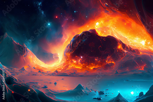 Fire and ice melting in a Galaxy Mountain, Blue and Orange Paint Style