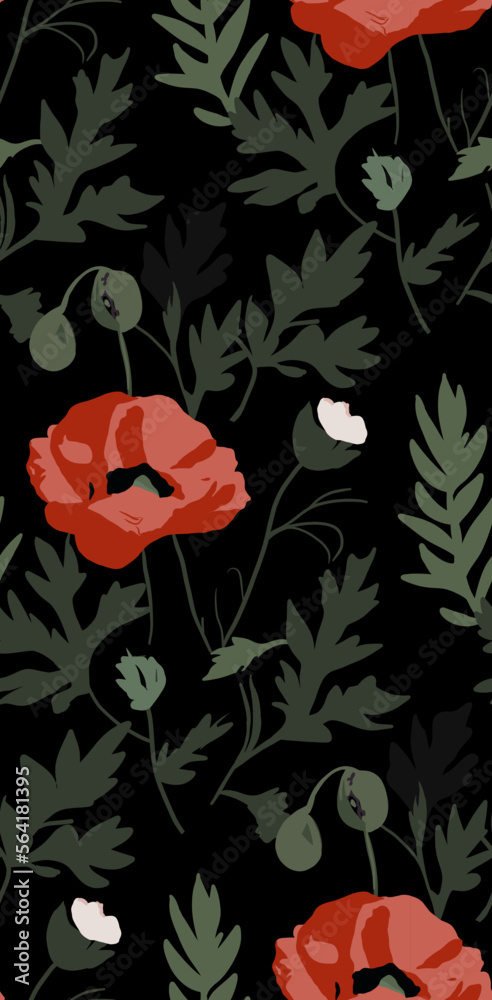 Obraz premium Vector seamless pattern with red poppy flowers and green foliage