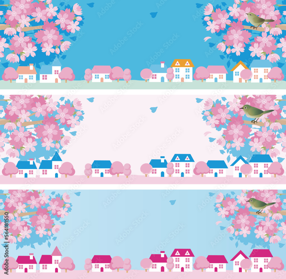 バナー　フレーム　春　街並み　家　さくら　桜　風景　背景　イラスト素材セット
