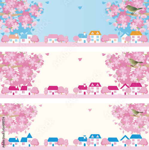 バナー　フレーム　春　街並み　家　さくら　桜　風景　背景　イラスト素材セット
