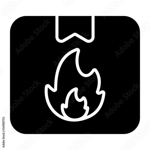Fire flame sign with package symbolizing icon of flammable delivery