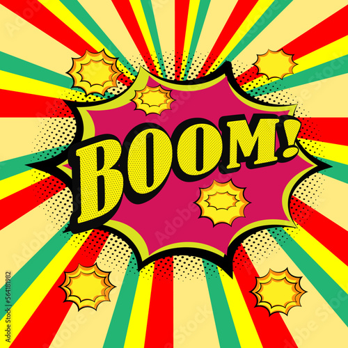 Boom comic book speech bubble, loud explosion sound effect. Superhero. Halftone