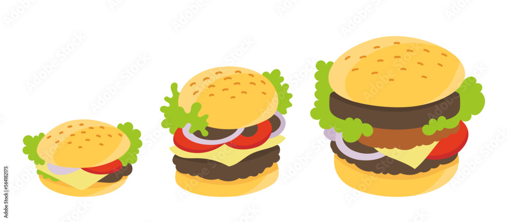 Burger size. Fast food. Calculation of increasing calories. Hamburger infographic. Vector illustration. Burger size. Fast food. Calculation of increasing calories. Hamburger infographic. Vector illustration.