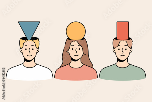 Diverse people with geometric figures in heads. Smiling men and women have personal point of view. Teamwork and collaboration. Vector illustration. 