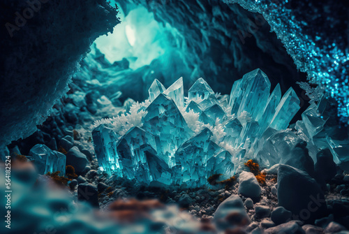 Amazing illuminating blue crystals cave, Generative Ai