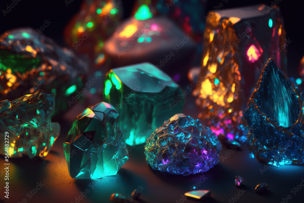 Neon glowing gemstones, Generative Ai Neon glowing gemstones, Generative Ai