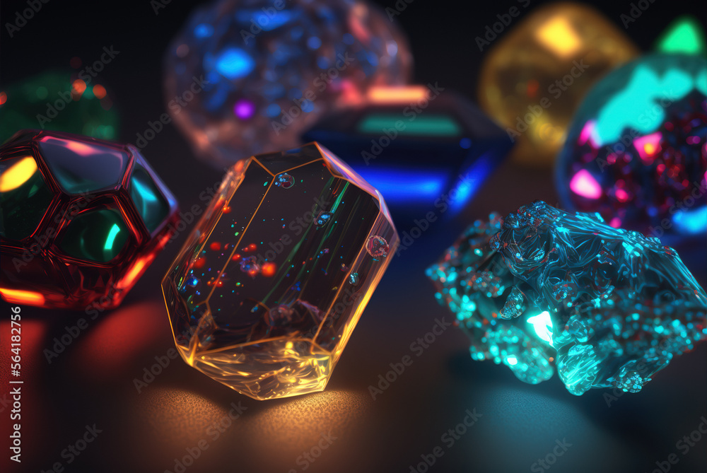 Neon glowing gemstones, Generative Ai