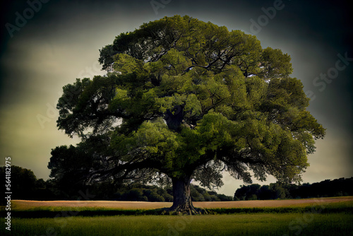 In the field, a lone green oak tree