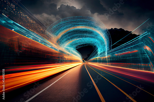Motion blur and digital data flow on the road give the impression of rapid data transit