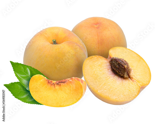 Sweet Yellow Peach fruit with leaf on white background, Fresh Peach on White Background PNG File.