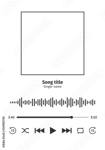 Audio player interface with frame for song cover, sound wave, loading bar with timer and shuffle, rewind, play, fast forward, repeat buttoms. Audio player template. Vector graphic illustration