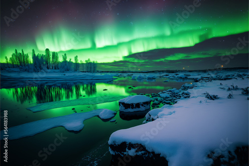 Northern lights over the sea. Winter landscape made with Generative AI