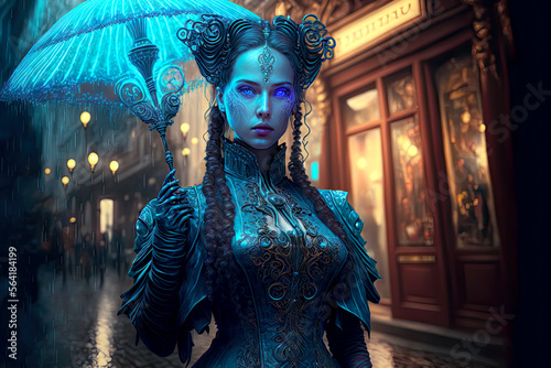 Victorian and Cyberpunk Woman. Generative AI, non-existent person.