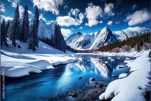 Blue sky and white clouds, snowy mountains, rivers, Landscape