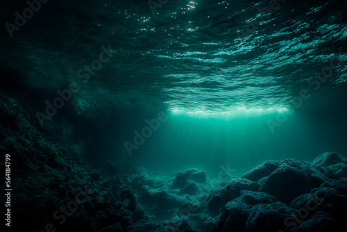 dark blue ocean, view from beneath the surface of the ocean