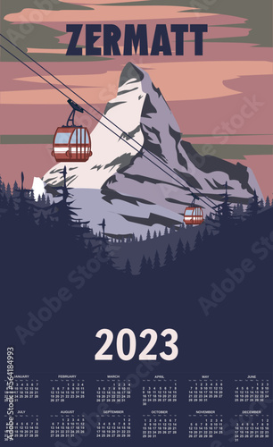 Monthly calendar 2023 year Zermatt Ski resort poster, retro. Alpes Winter travel card