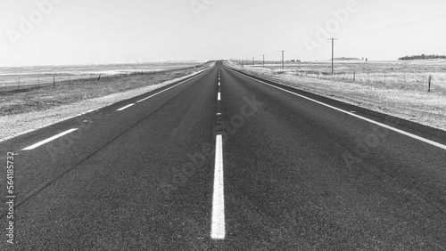 Road Highway Middle Center Straight Black White Horizon Countryside Landscape. photo