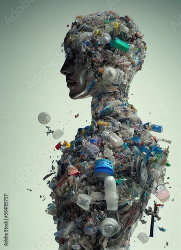 A Human portrait made out of plastic waste. Plastic trash man. Generative AI