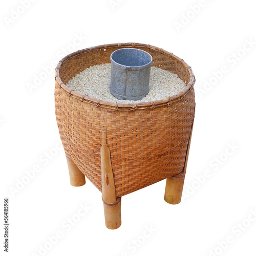 Traditional made-of-bamboo rice container or Bamboo rice bowl with measuring tool isolated on white