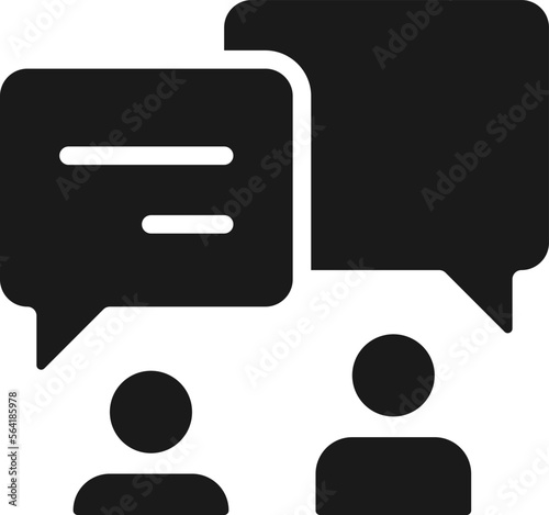 Discussion in pairs black glyph icon. Talking people with chat bubbles. Communication between friends. Silhouette symbol on white space. Solid pictogram. Vector isolated illustration