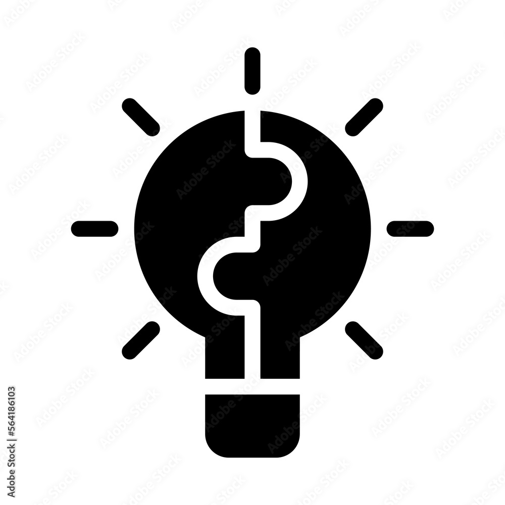 Isolated lightbulb with puzzle in solid glyph icon on white background. Teamwork, brainstorm, solution, creativity, innovation Isolated lightbulb with puzzle in solid glyph icon on white background. Teamwork, brainstorm, solution, creativity, innovation