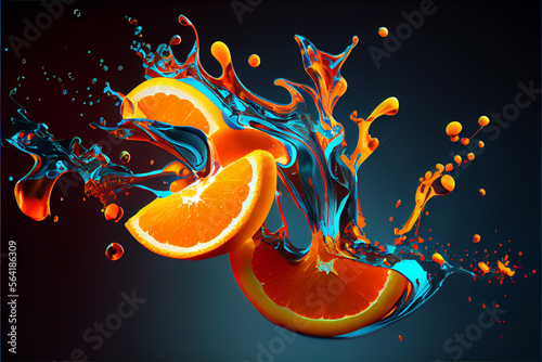 Colorful orange slices splashing in a water, abstract fluid exploding creativity, crazy background with splashes, multicolor liquid effect. 