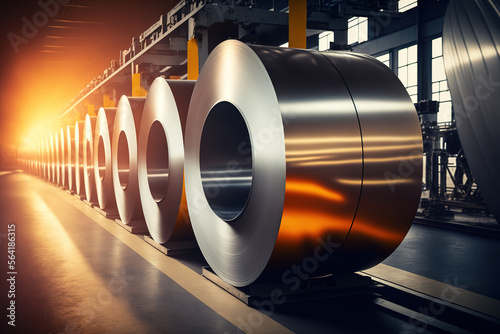 Large aluminium steel rolls in the factory - Generative AI photo